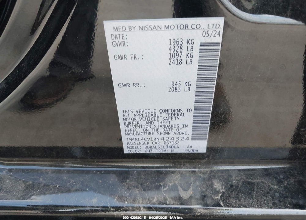 2024 NISSAN ALTIMA SR FWD VIN: 1N4BL4CV1RN424324