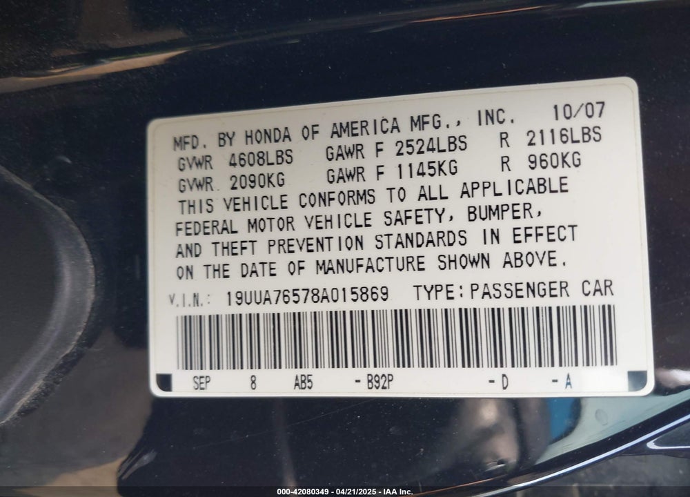 2008 ACURA TL VIN: 19UUA76578A015869