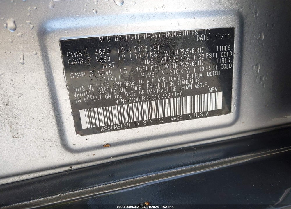 2012 SUBARU OUTBACK 3.6R LIMITED VIN: 4S4BRDKC3C2227166