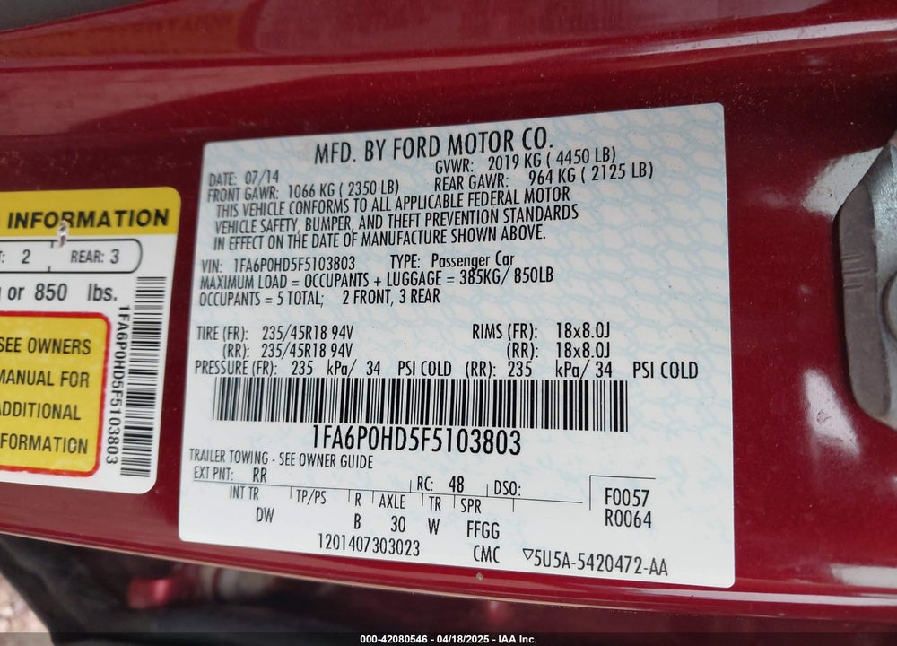 2015 FORD FUSION SE VIN: 1FA6P0HD5F5103803