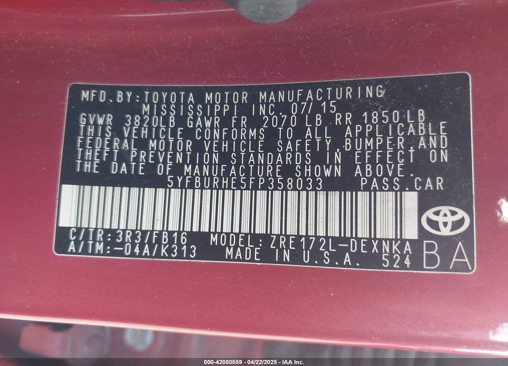 2015 TOYOTA COROLLA LE VIN: 5YFBURHE5FP358033