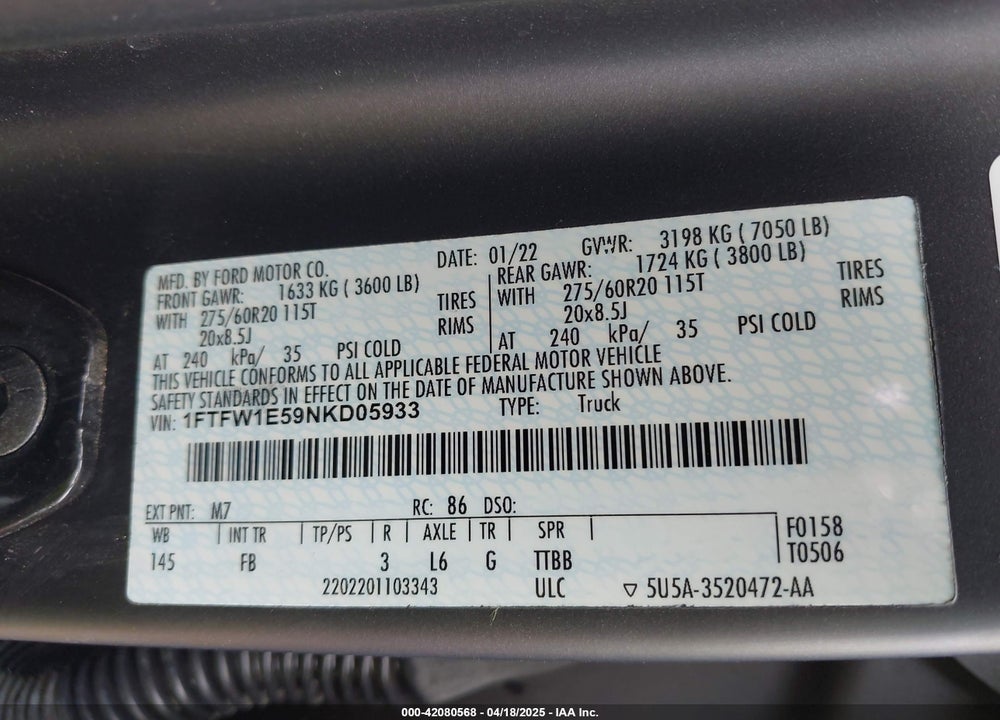 2022 FORD F-150 VIN: 1FTFW1E59NKD05933