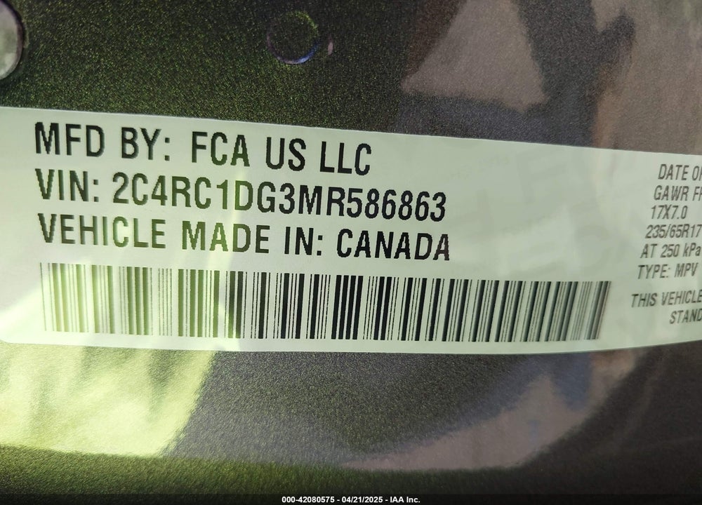 2021 CHRYSLER VOYAGER VIN: 2C4RC1DG3MR586863