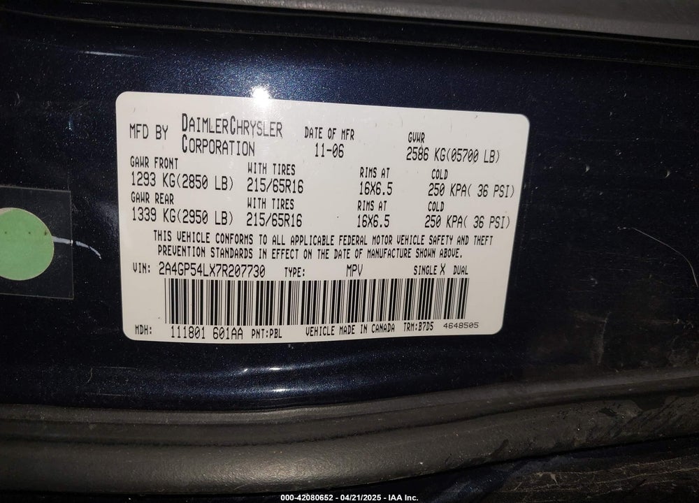2007 CHRYSLER TOWN & COUNTRY TOURING VIN: 2A4GP54LX7R207730