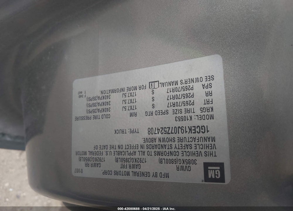2007 CHEVROLET SILVERADO 1500 LT1 VIN: 1GCEK19J07Z524708