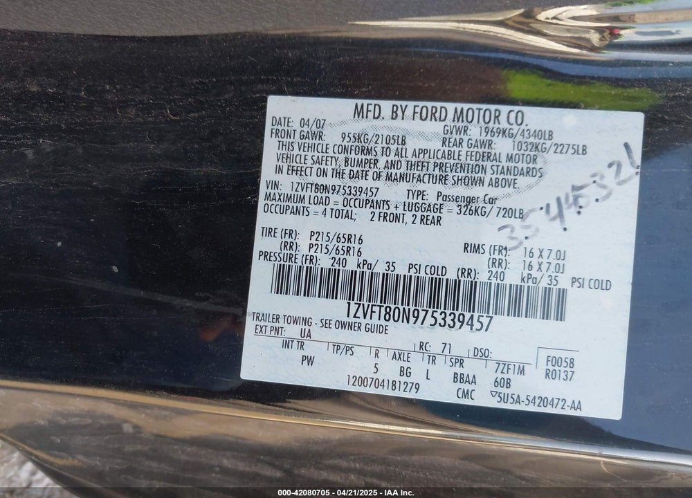 2007 FORD MUSTANG V6 DELUXE/V6 PREMIUM VIN: 1ZVFT80N975339457