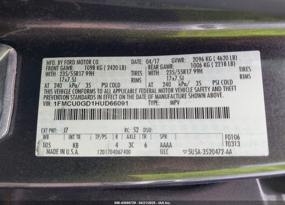 2017 FORD ESCAPE SE VIN: 1FMCU0GD1HUD66091