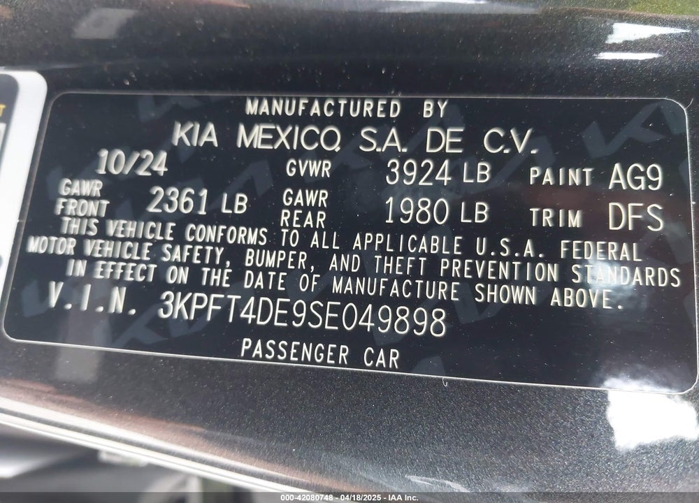 2025 KIA K4 VIN: 3KPFT4DE9SE049898