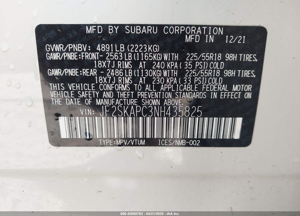 2022 SUBARU FORESTER LIMITED VIN: JF2SKAPC3NH435825
