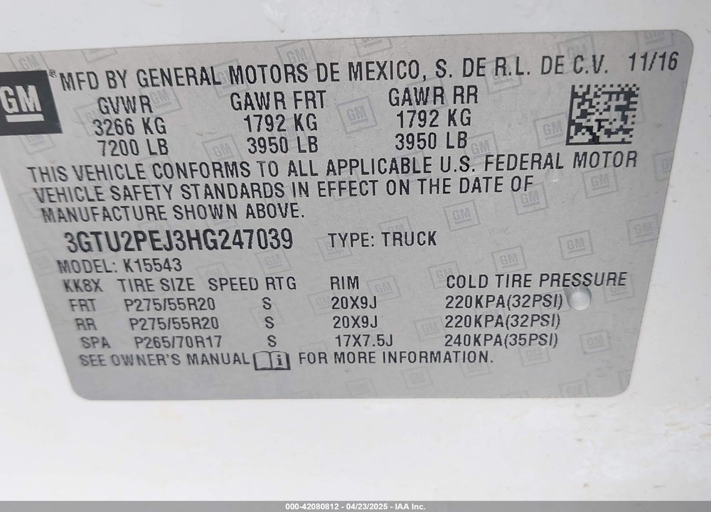 2017 GMC SIERRA VIN: 3GTU2PEJ3HG247039