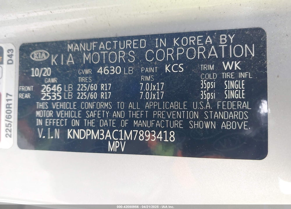 2021 KIA SPORTAGE VIN: KNDPM3AC1M7893418