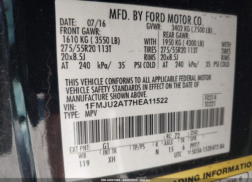 2017 FORD EXPEDITION VIN: 1FMJU2AT7HEA11522