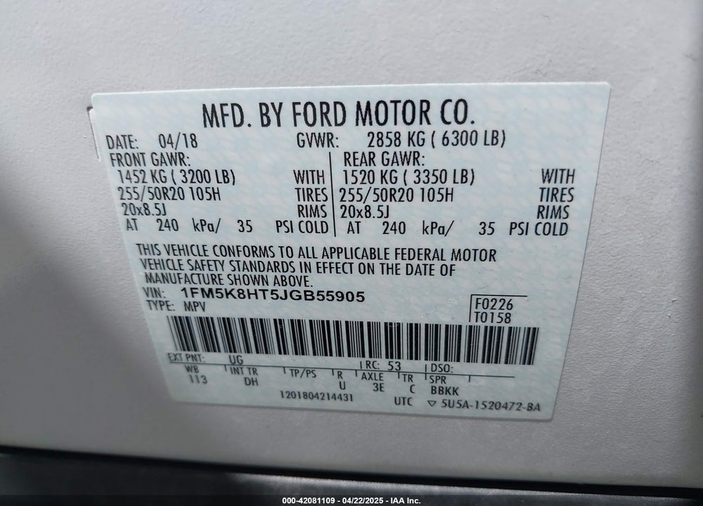 2018 FORD EXPLORER VIN: 1FM5K8HT5JGB55905