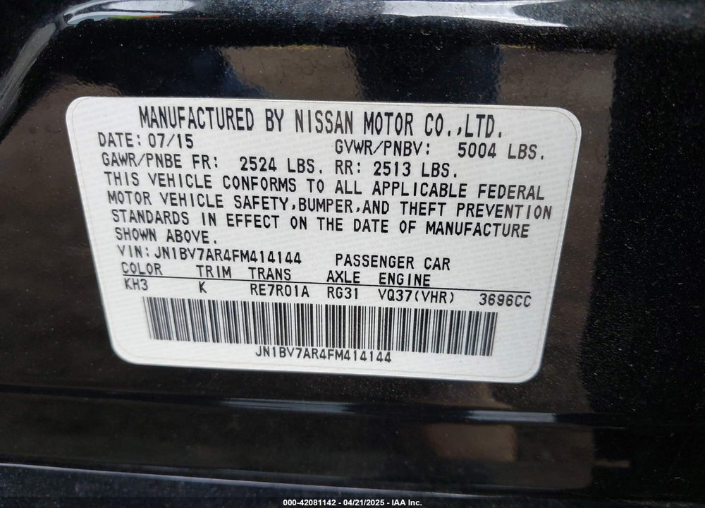 2015 INFINITI Q50 PREMIUM/SPORT VIN: JN1BV7AR4FM414144