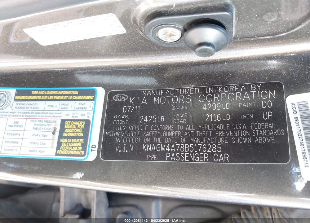 2011 KIA OPTIMA LX VIN: KNAGM4A78B5176285