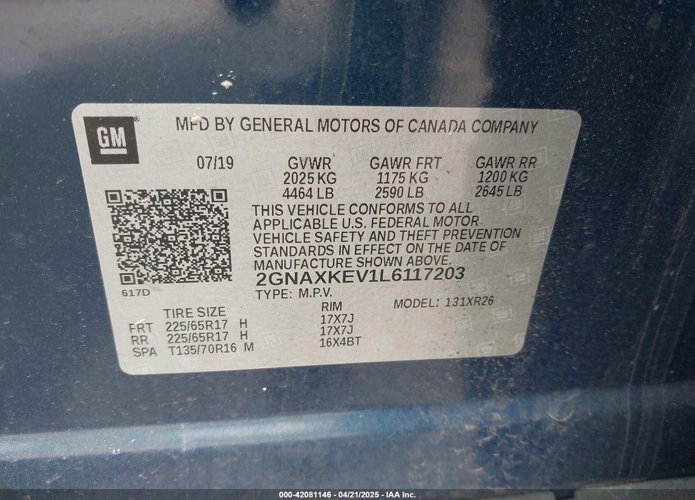 2020 CHEVROLET EQUINOX VIN: 2GNAXKEV1L6117203