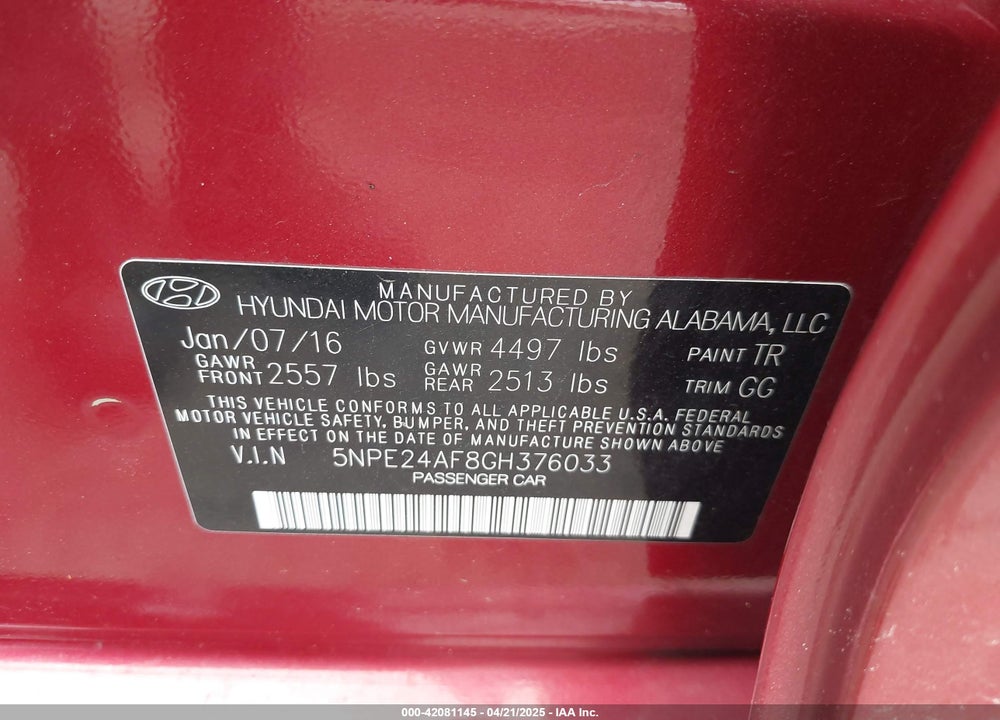 2016 HYUNDAI SONATA VIN: 5NPE24AF8GH376033