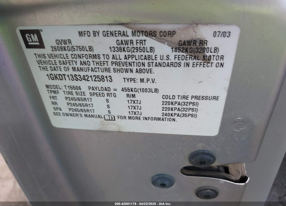 2004 GMC ENVOY SLE VIN: 1GKDT13S342125813