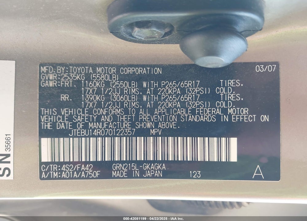 2007 TOYOTA 4RUNNER VIN: JTEBU14R070122357