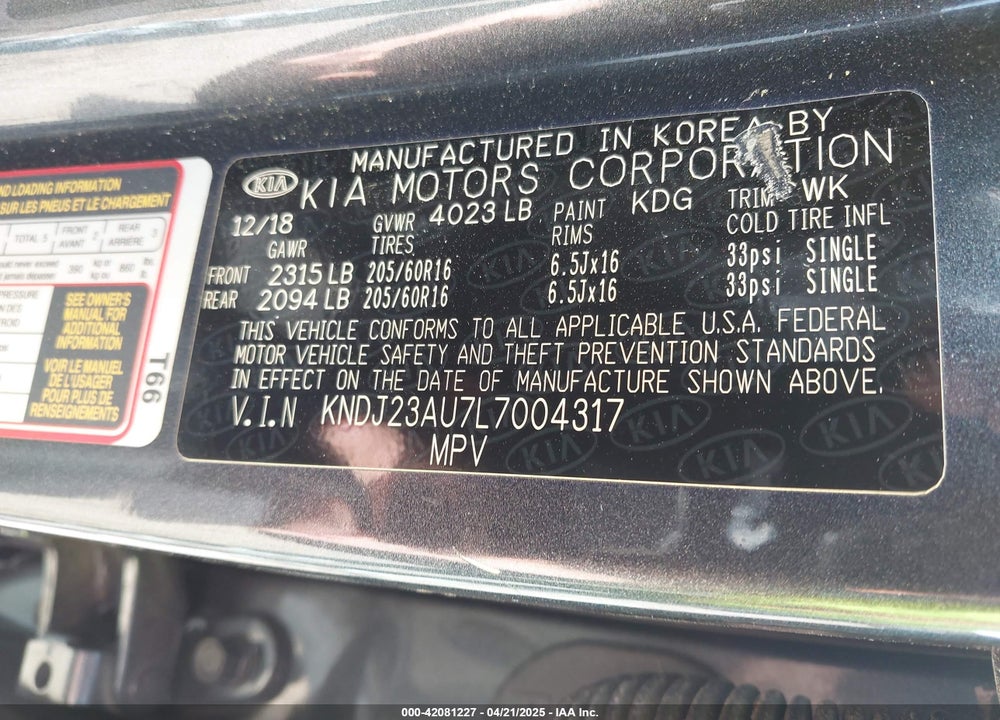 2020 KIA SOUL !/+/S VIN: KNDJ23AU7L7004317