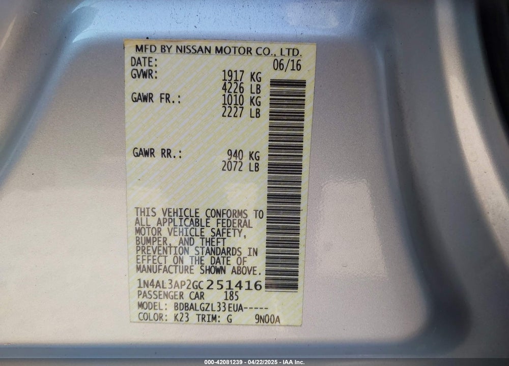 2016 NISSAN ALTIMA VIN: 1N4AL3AP2GC251416