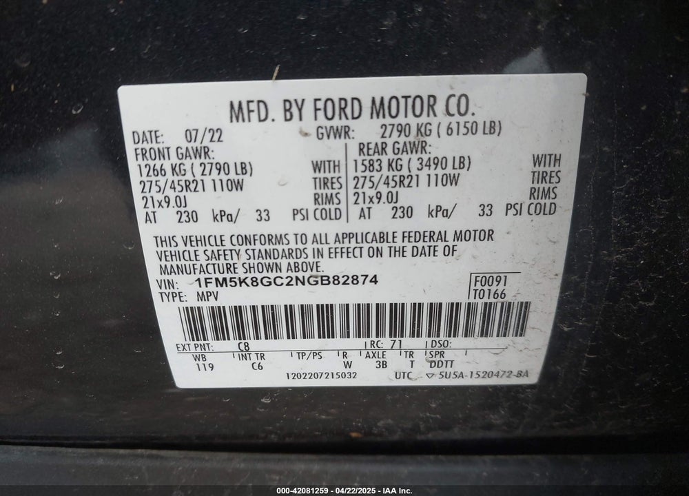 2022 FORD EXPLORER VIN: 1FM5K8GC2NGB82874
