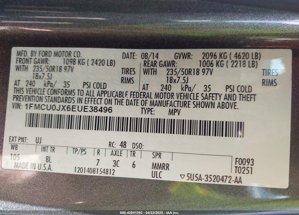 2014 FORD ESCAPE VIN: 1FMCU0JX6EUE38496