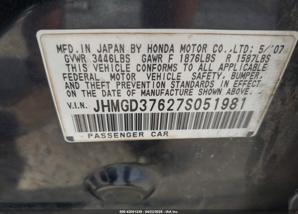 2007 HONDA FIT SPORT VIN: JHMGD37627S051981