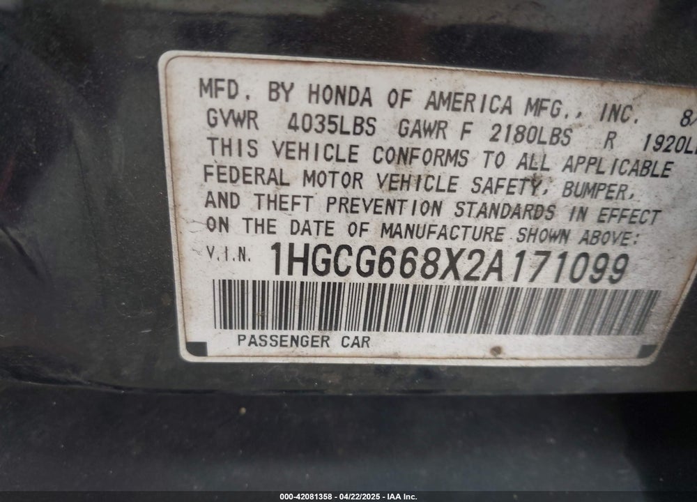 2002 HONDA ACCORD 2.3 EX/2.3 SE VIN: 1HGCG668X2A171099