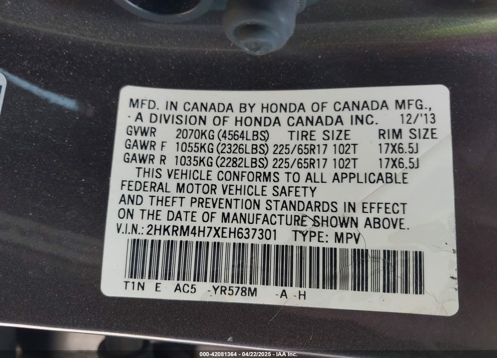 2014 HONDA CR-V EX-L VIN: 2HKRM4H7XEH637301