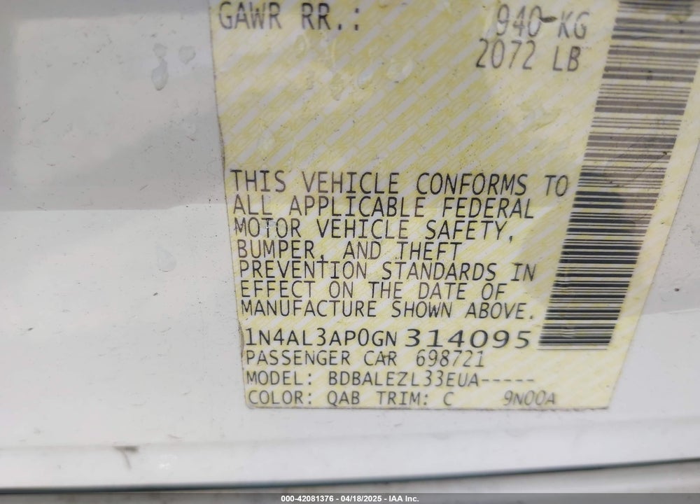 2016 NISSAN ALTIMA VIN: 1N4AL3AP0GN314095