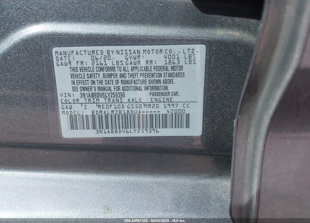 2020 NISSAN SENTRA VIN: 3N1AB8DV6LY259396