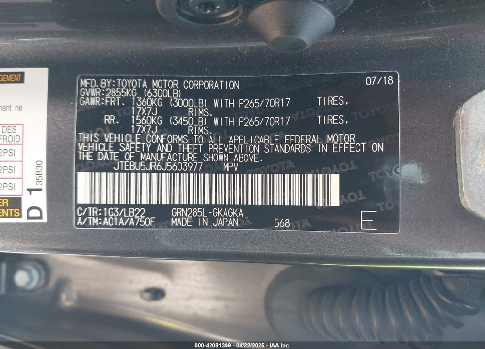 2018 TOYOTA 4RUNNER SR5 PREMIUM VIN: JTEBU5JR6J5603977