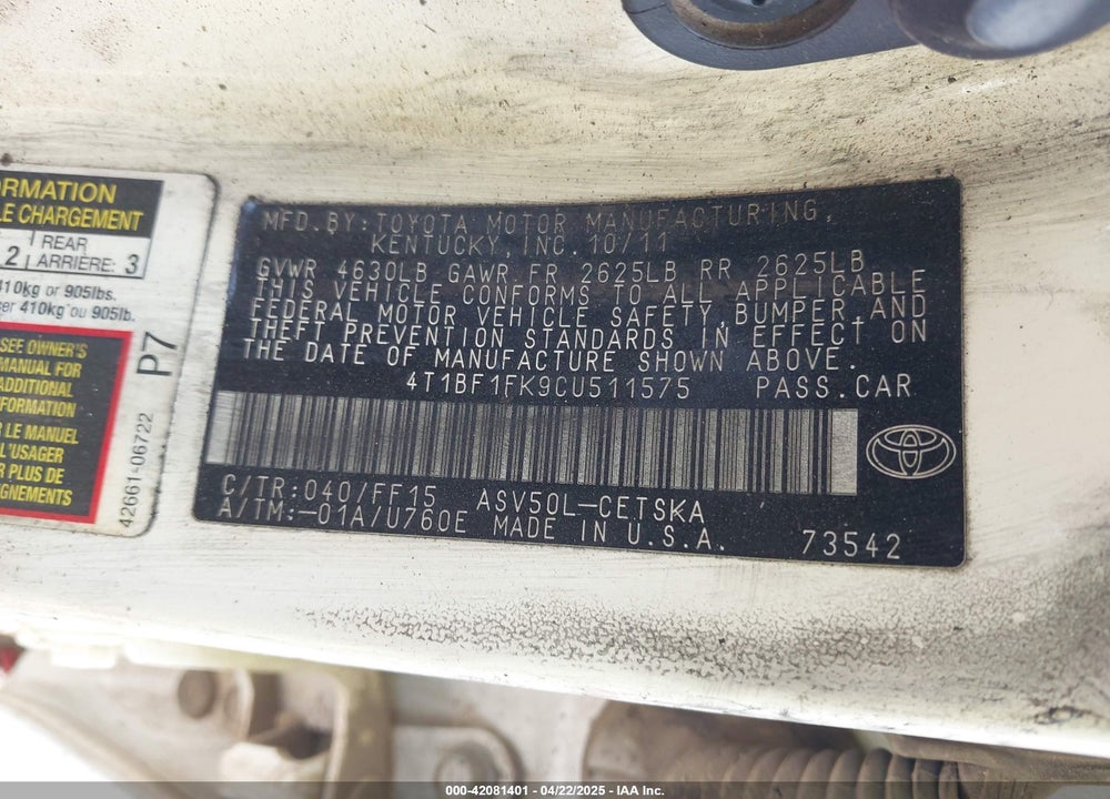 2012 TOYOTA CAMRY VIN: 4T1BF1FK9CU511575