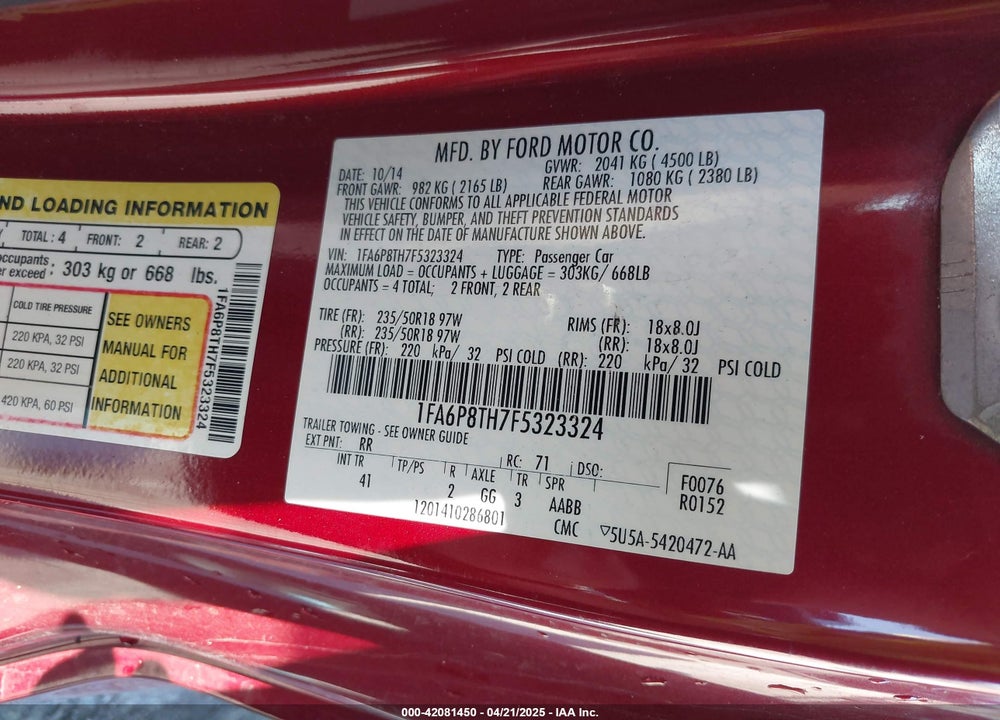 2015 FORD MUSTANG VIN: 1FA6P8TH7F5323324