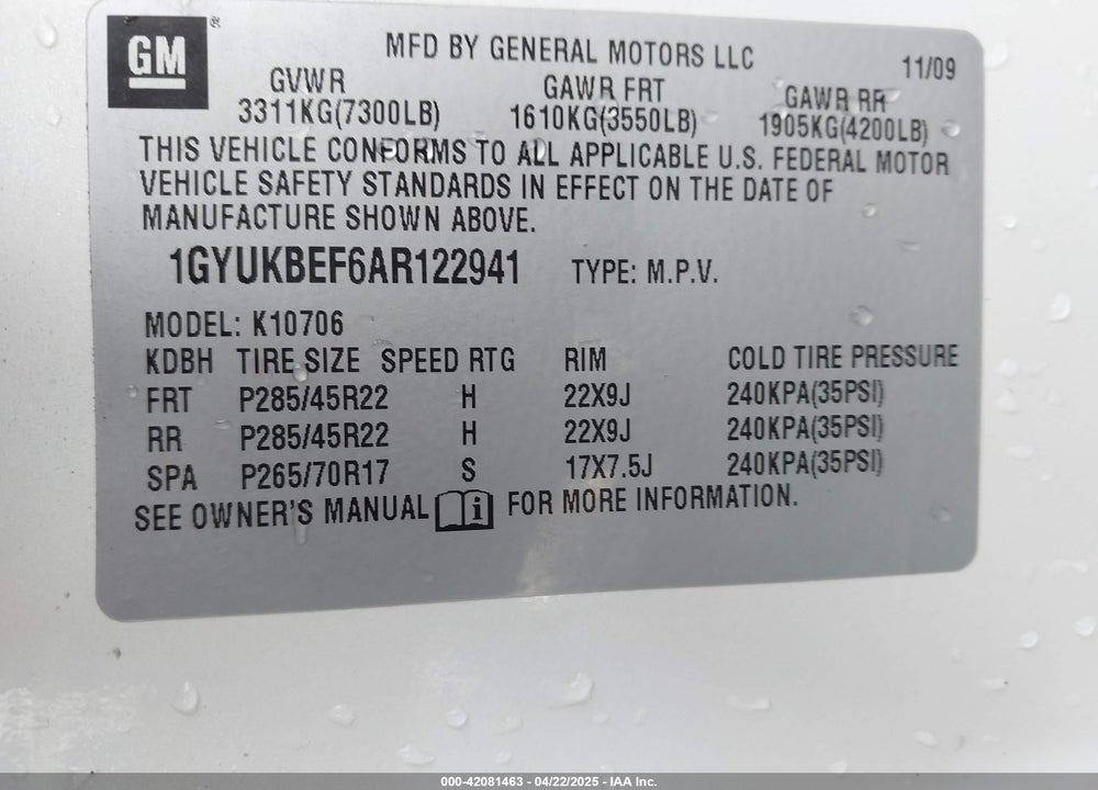 2010 CADILLAC ESCALADE LUXURY VIN: 1GYUKBEF6AR122941