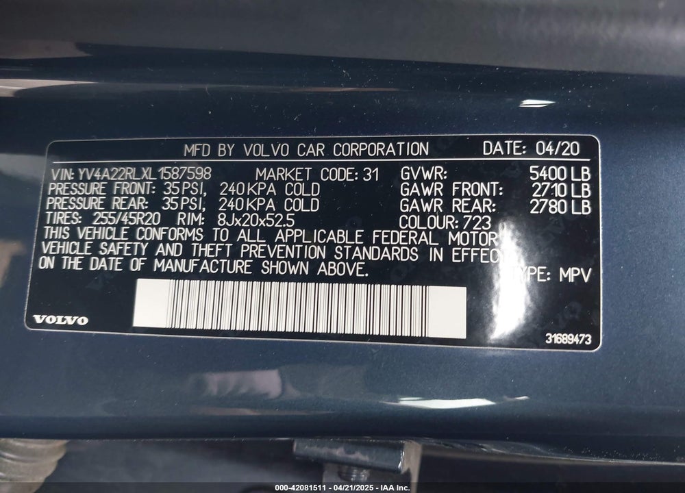 2020 VOLVO XC60 VIN: YV4A22RLXL1587598