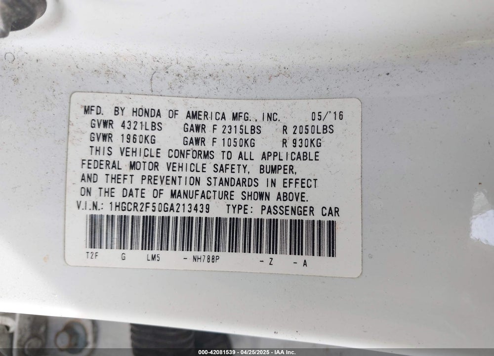2016 HONDA ACCORD VIN: 1HGCR2F50GA213439