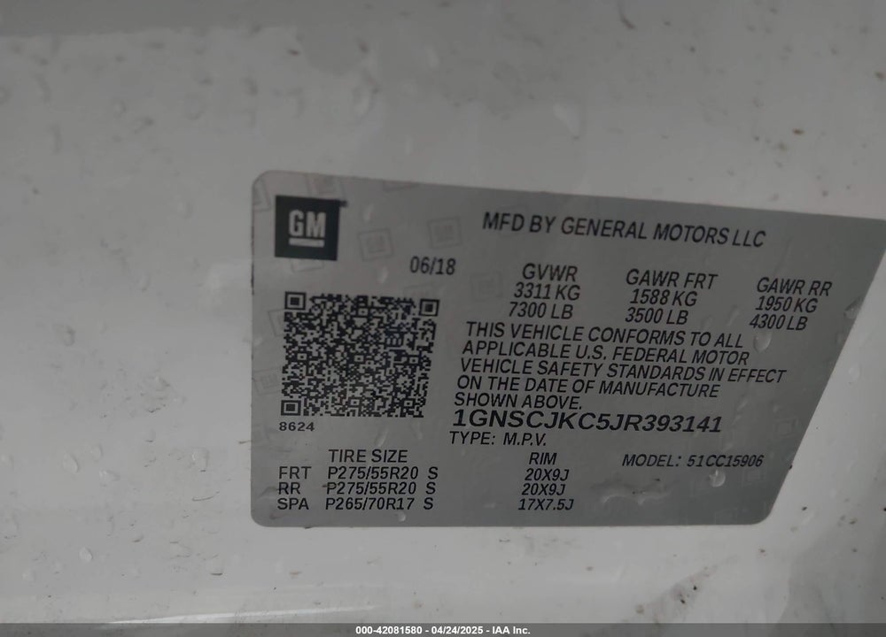 2018 CHEVROLET SUBURBAN VIN: 1GNSCJKC5JR393141