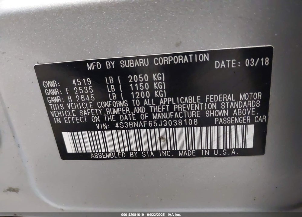 2018 SUBA LEGACY PREMIUM VIN: 4S3BNAF65J3038108