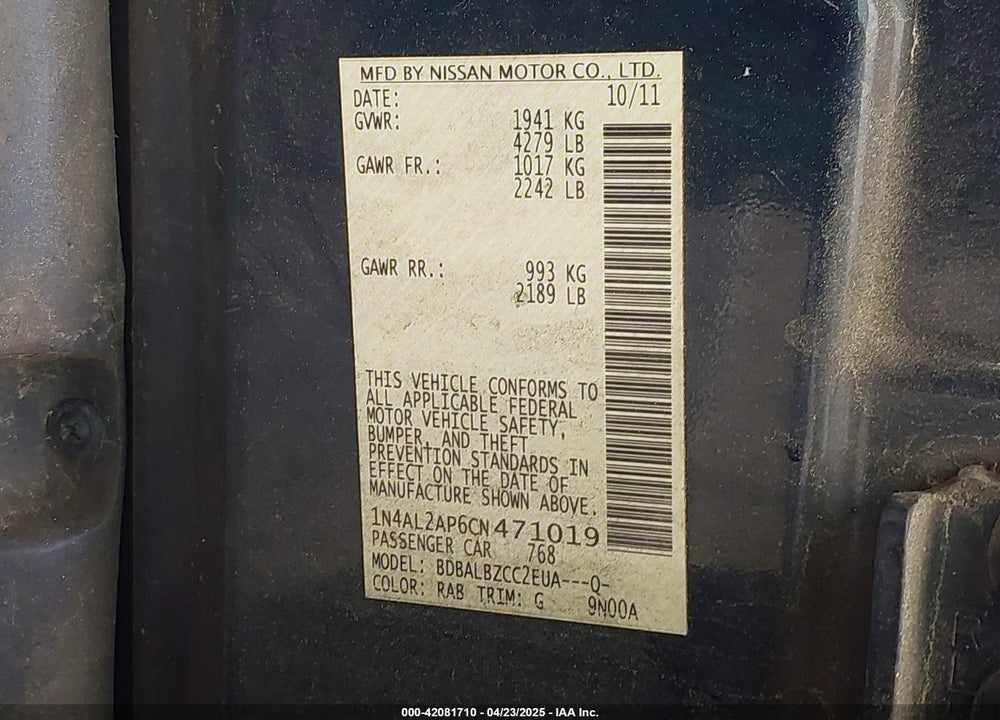 2012 NISSAN ALTIMA VIN: 1N4AL2AP6CN471019