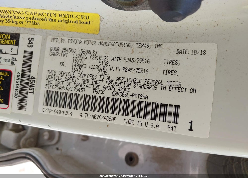 2019 TOYOTA TACOMA VIN: 5TFCZ5AN1KX170453