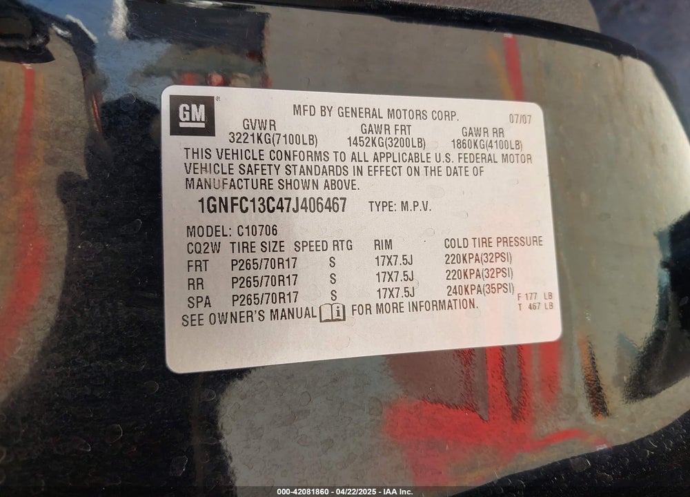 2007 CHEVROLET TAHOE LS VIN: 1GNFC13C47J406467