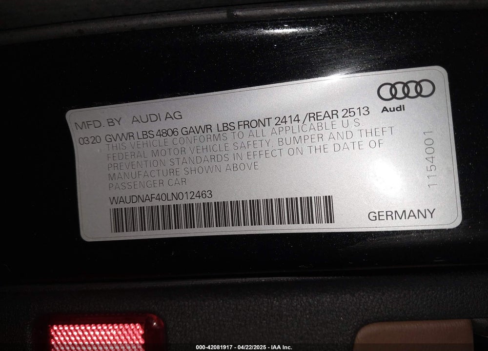 2020 AUDI A4 VIN: WAUDNAF40LN012463