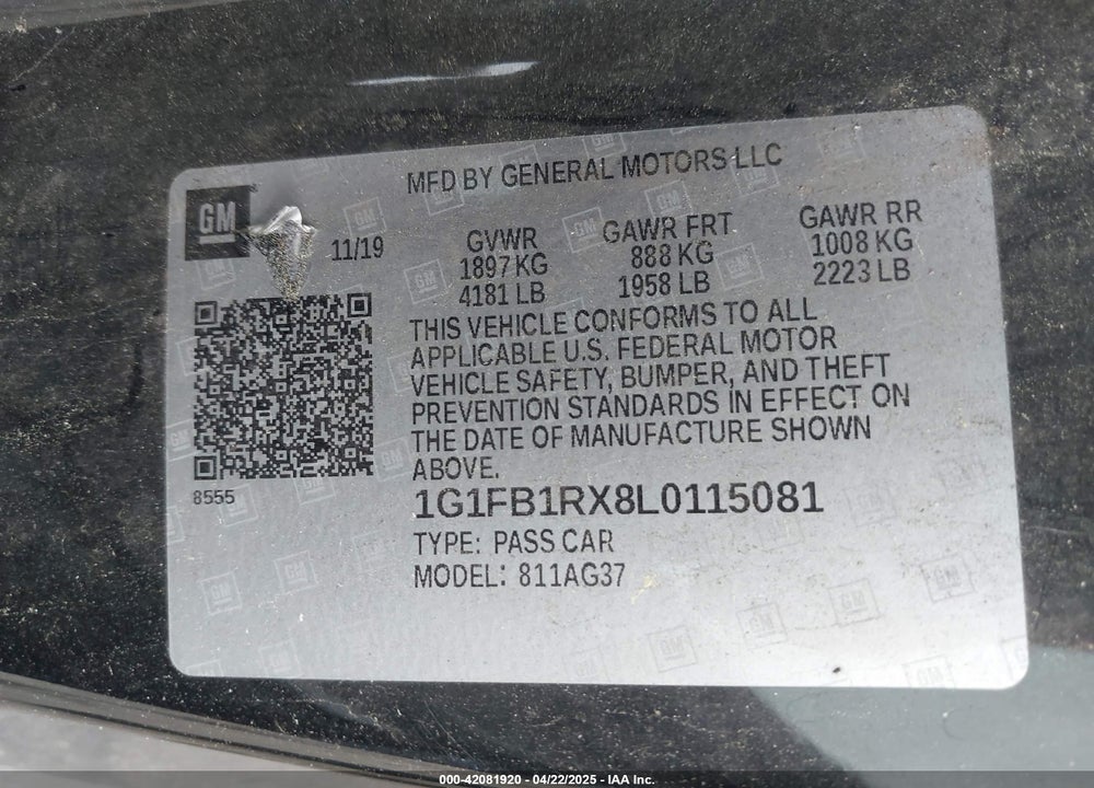 2020 CHEVROLET CAMARO VIN: 1G1FB1RX8L0115081