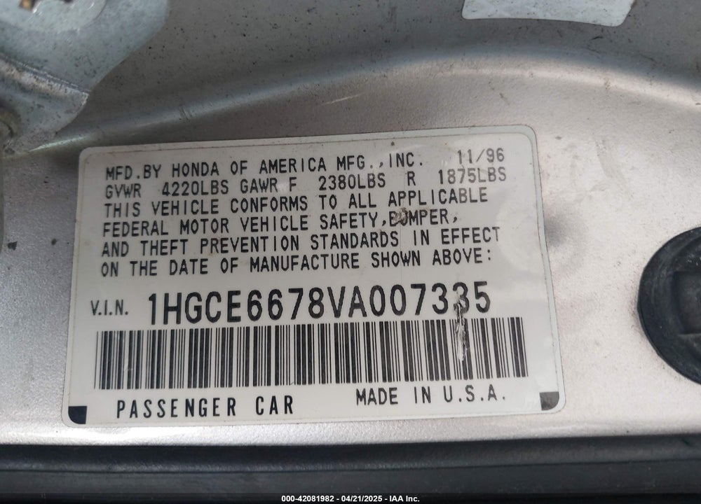 1997 HONDA ACCORD EX V6 VIN: 1HGCE6678VA007335