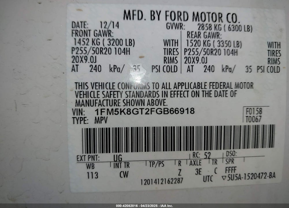 2015 FORD EXPLORER SPORT VIN: 1FM5K8GT2FGB66918