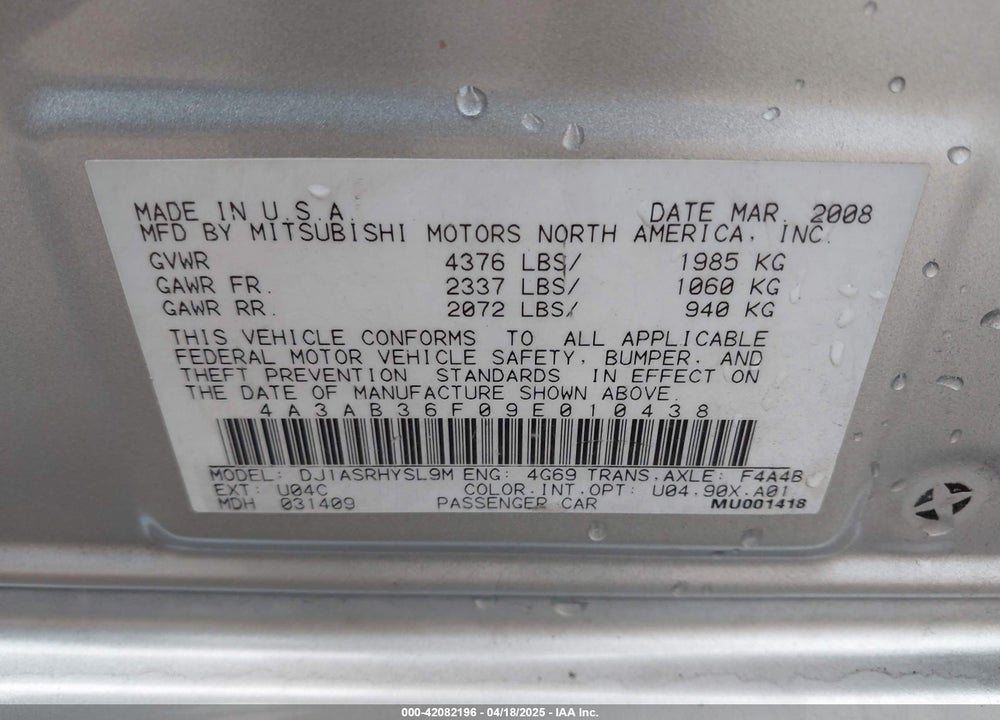 2009 MITSUBISHI GALANT VIN: 4A3AB36F09E010438