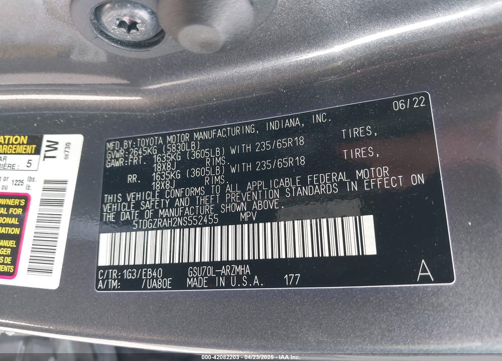 2022 TOYOTA HIGHLANDER VIN: 5TDGZRAH2NS552455