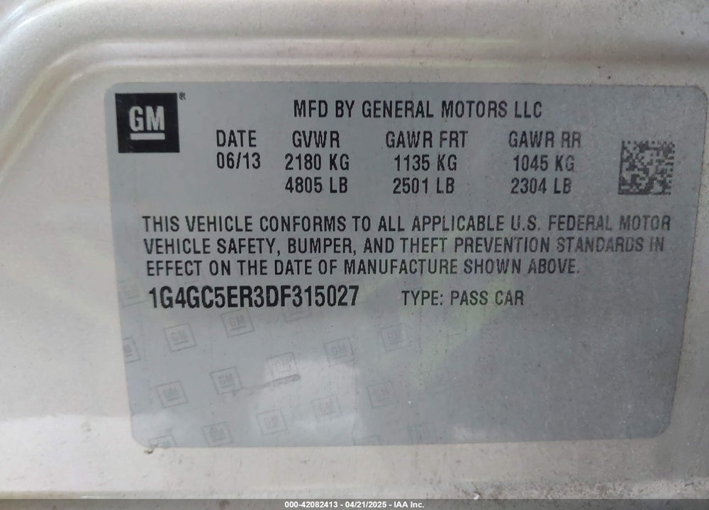 2013 BUICK LACROSSE VIN: 1G4GC5ER3DF315027